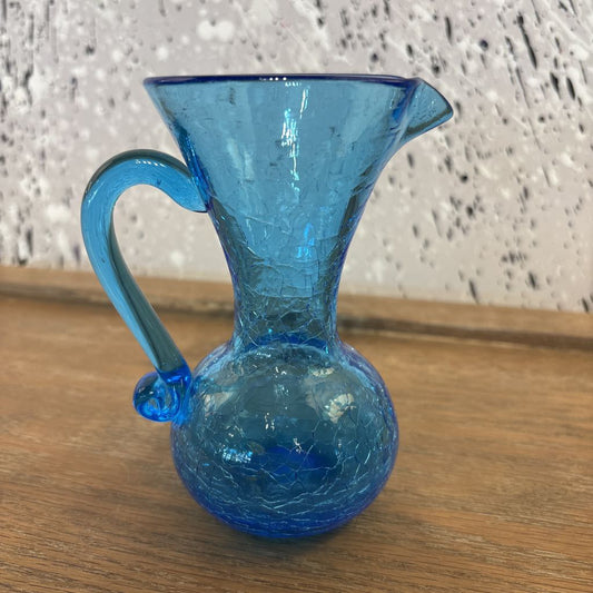 Vintage Blue Crackle Small Glass Pitcher