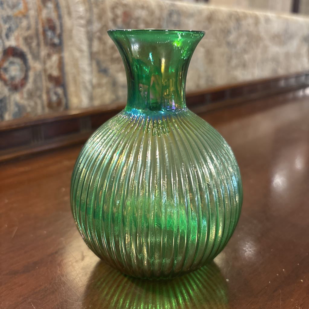 Iridescent Ribbed Blue Green Glass Vase
