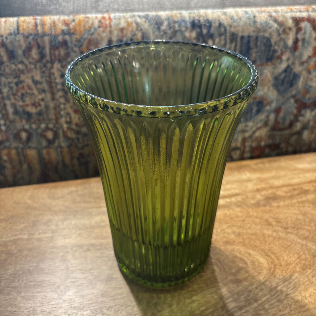 Green Glass Ribbed Vase