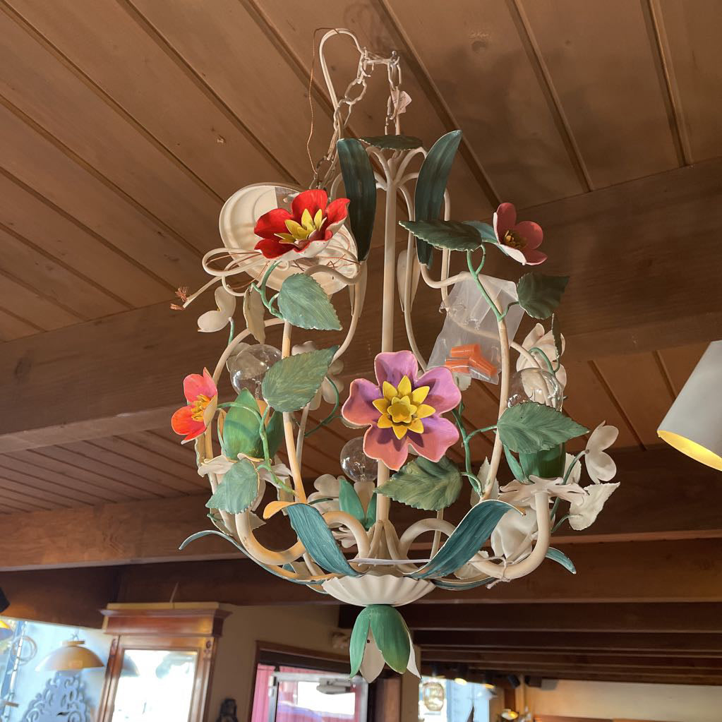 White Metal with Colorful Flowers Hanging Light Fixture(has been re-wired)