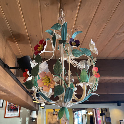 White Metal with Colorful Flowers Hanging Light Fixture(has been re-wired)