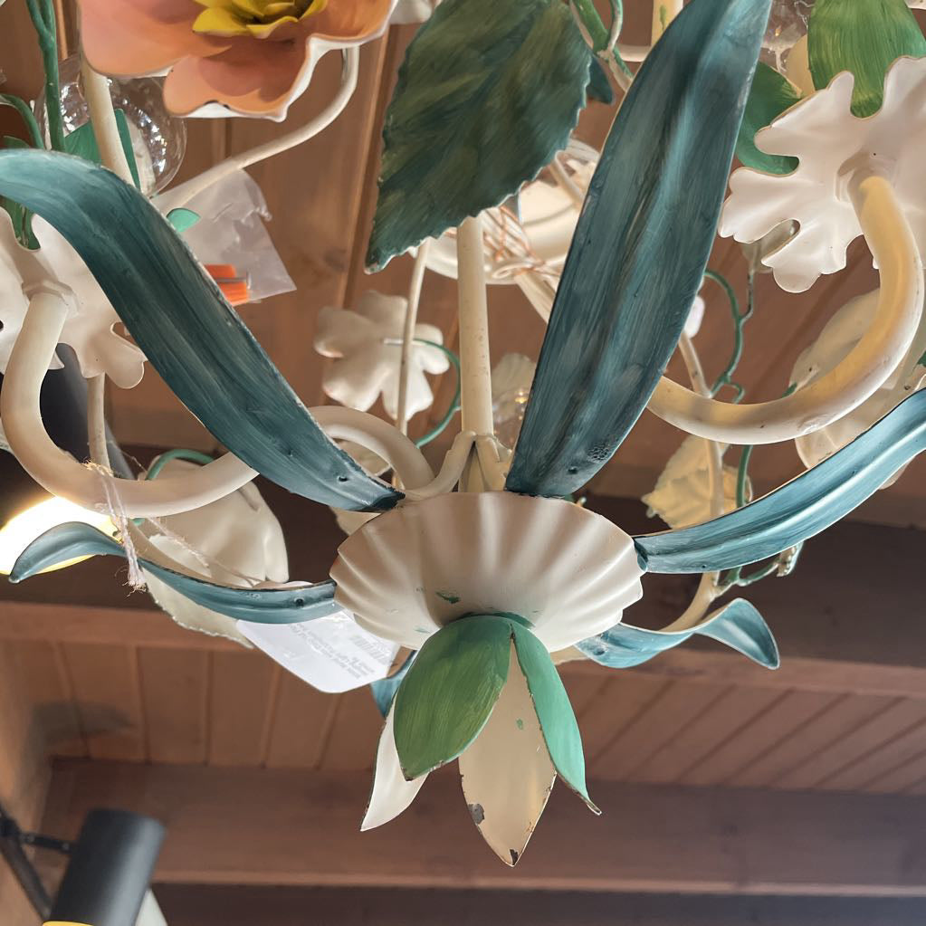 White Metal with Colorful Flowers Hanging Light Fixture(has been re-wired)
