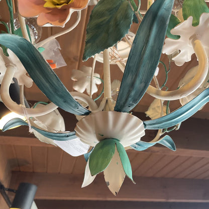 White Metal with Colorful Flowers Hanging Light Fixture(has been re-wired)