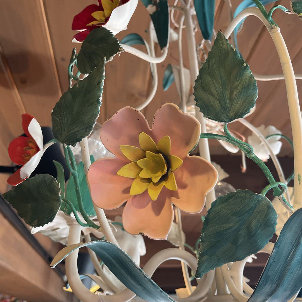 White Metal with Colorful Flowers Hanging Light Fixture(has been re-wired)