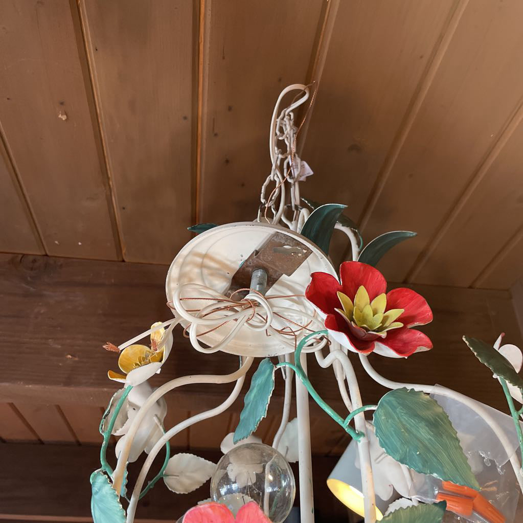 White Metal with Colorful Flowers Hanging Light Fixture(has been re-wired)