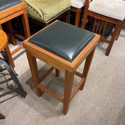 Set of 4 Custom Made Cherry Wood Black Leather Stools