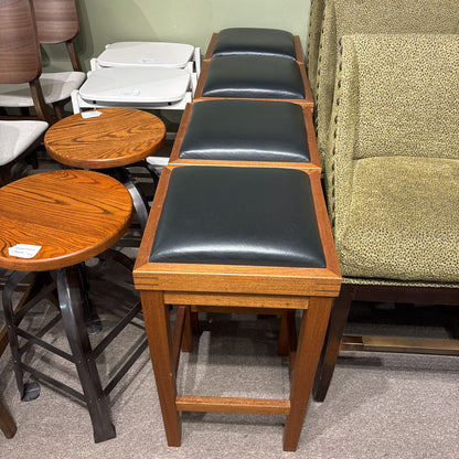 Set of 4 Custom Made Cherry Wood Black Leather Stools