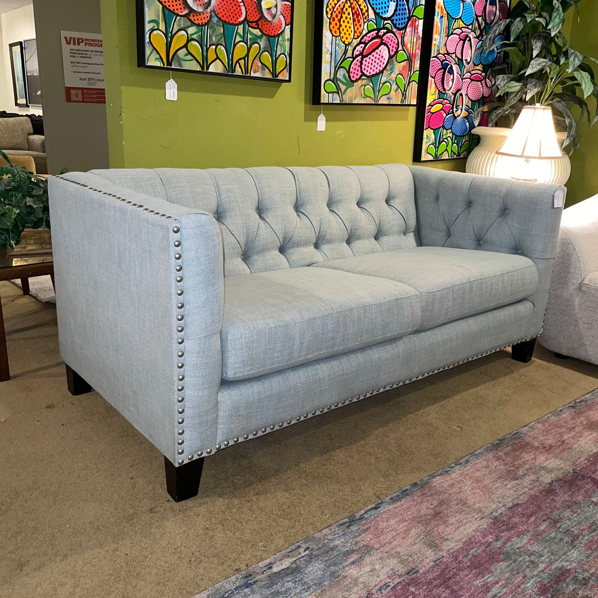 Powder Blue Shelter Arm Nailhead Button Back Loveseat