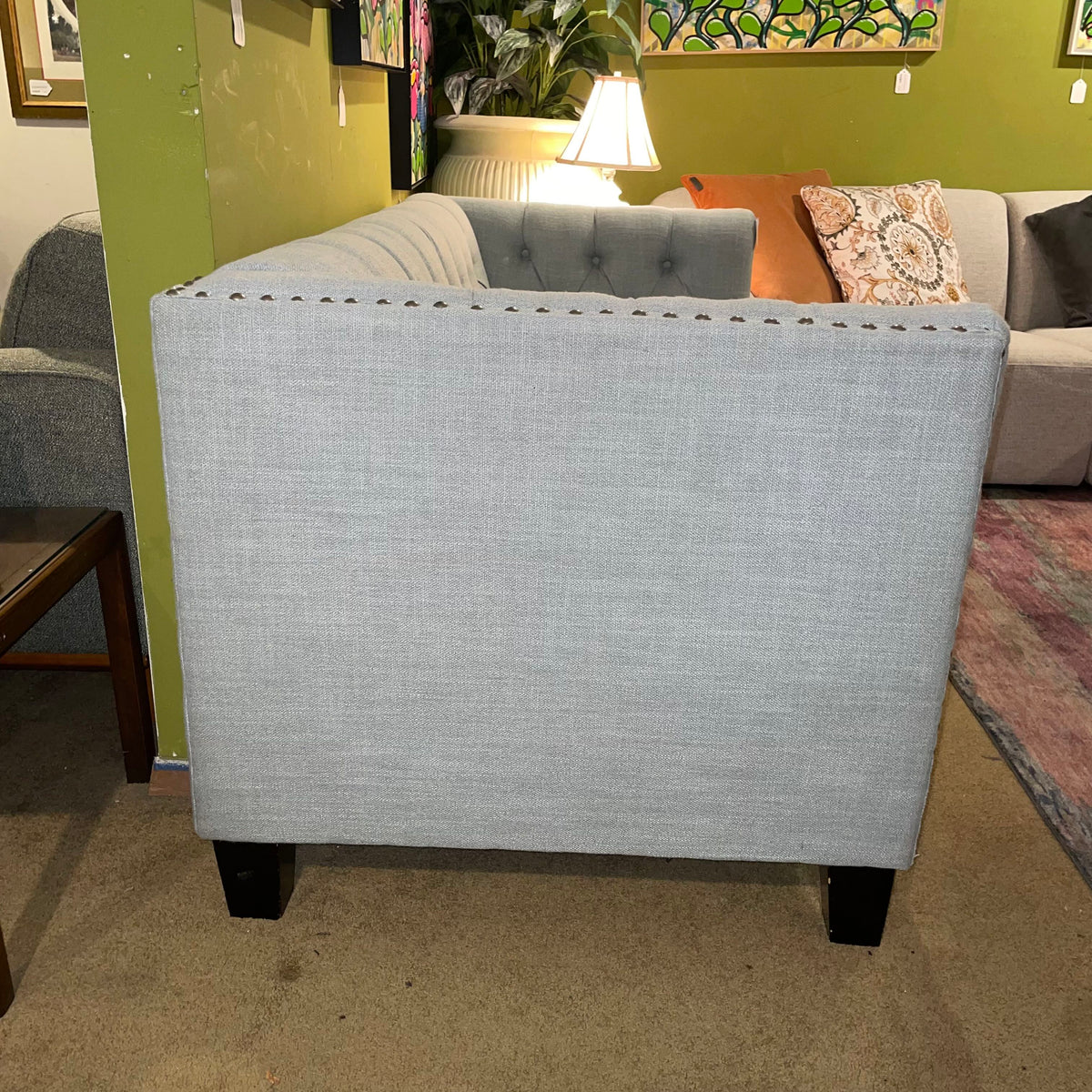 Powder Blue Shelter Arm Nailhead Button Back Loveseat