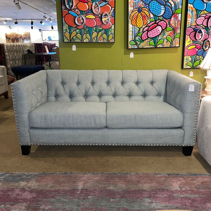 Powder Blue Shelter Arm Nailhead Button Back Loveseat