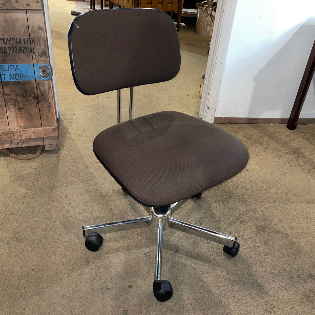 Vintage Brown Fabric and Metal Office Chair with Adjustable Back