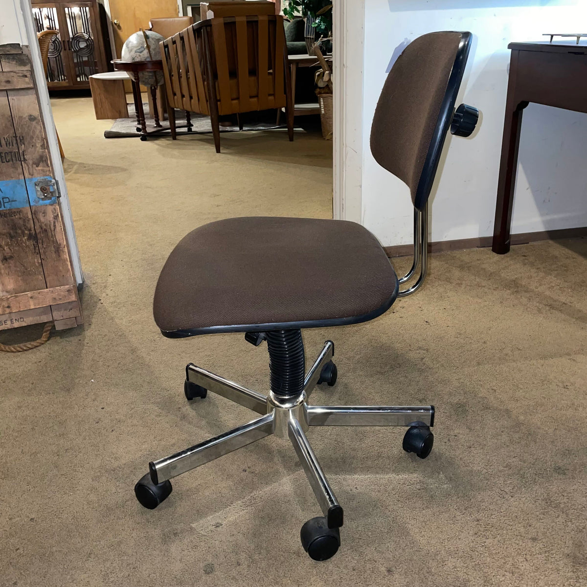 Vintage Brown Fabric and Metal Office Chair with Adjustable Back