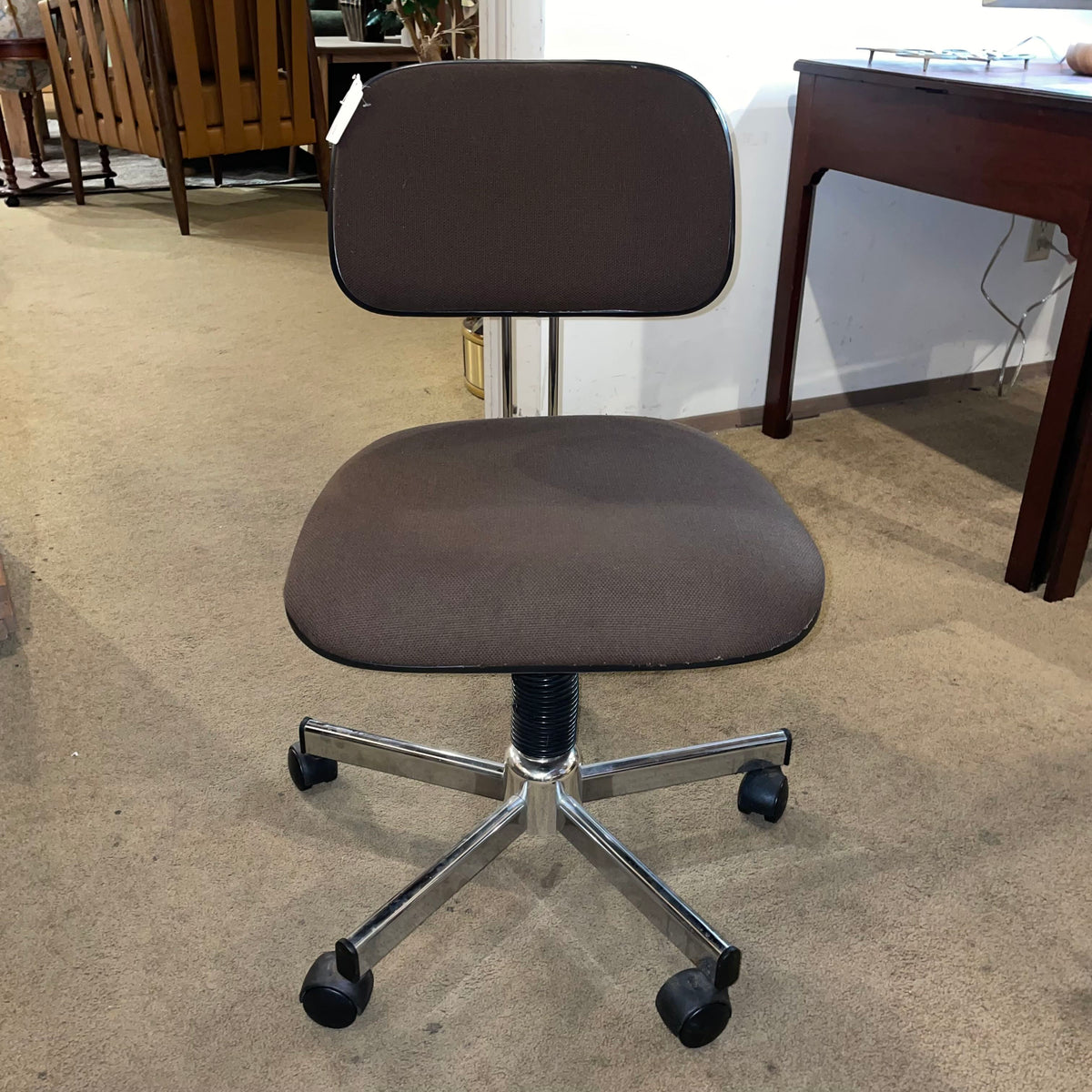 Vintage Brown Fabric and Metal Office Chair with Adjustable Back