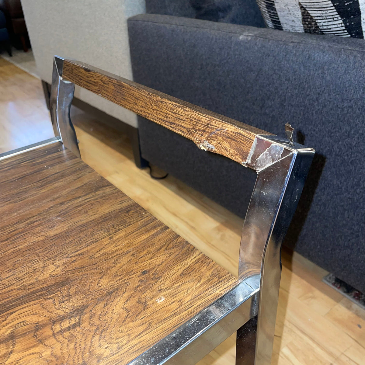 Chrome Walnut Veneer Rolling Bar Cart AS IS