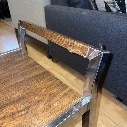 Chrome Walnut Veneer Rolling Bar Cart AS IS
