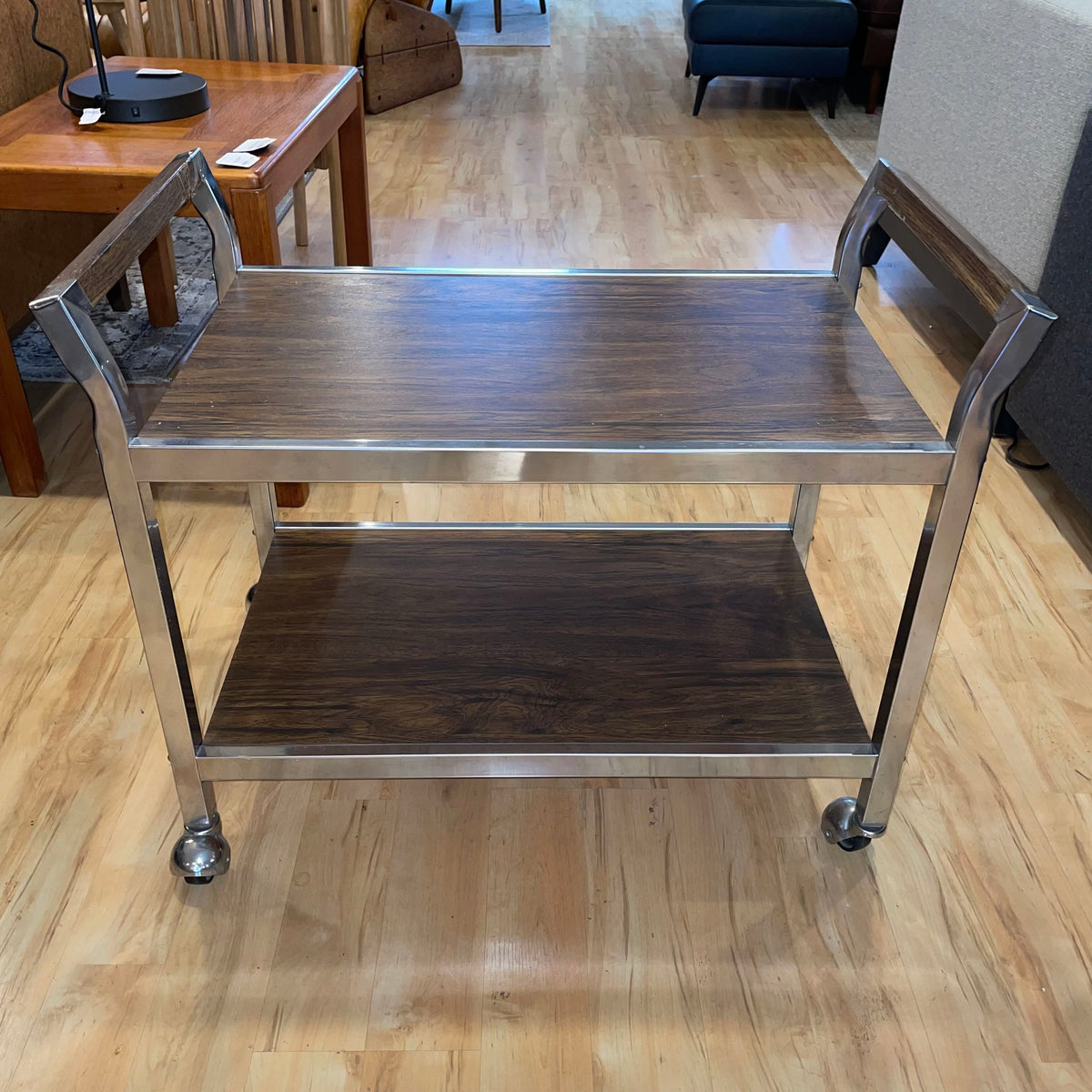 Chrome Walnut Veneer Rolling Bar Cart AS IS