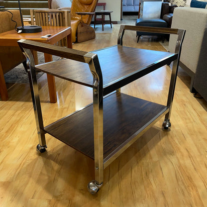Chrome Walnut Veneer Rolling Bar Cart AS IS