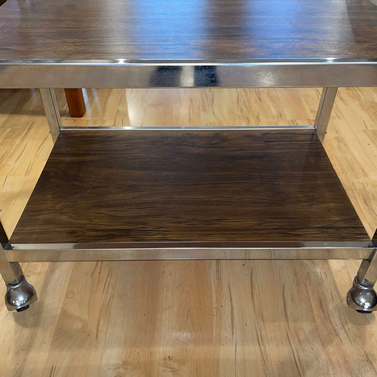 Chrome Walnut Veneer Rolling Bar Cart AS IS