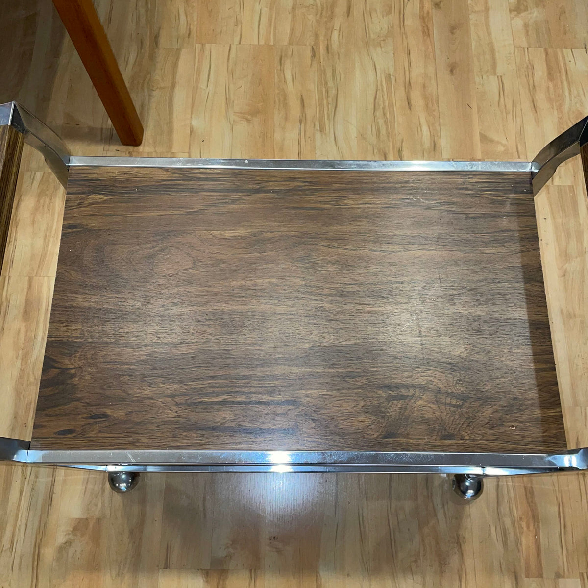 Chrome Walnut Veneer Rolling Bar Cart AS IS