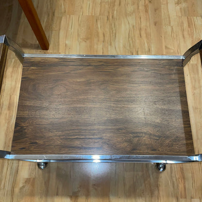 Chrome Walnut Veneer Rolling Bar Cart AS IS