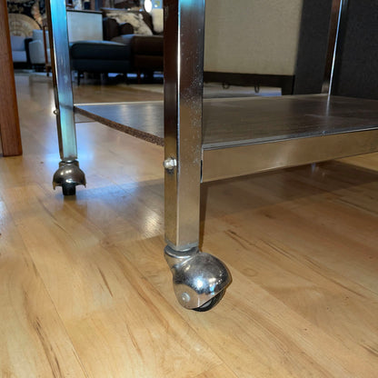 Chrome Walnut Veneer Rolling Bar Cart AS IS