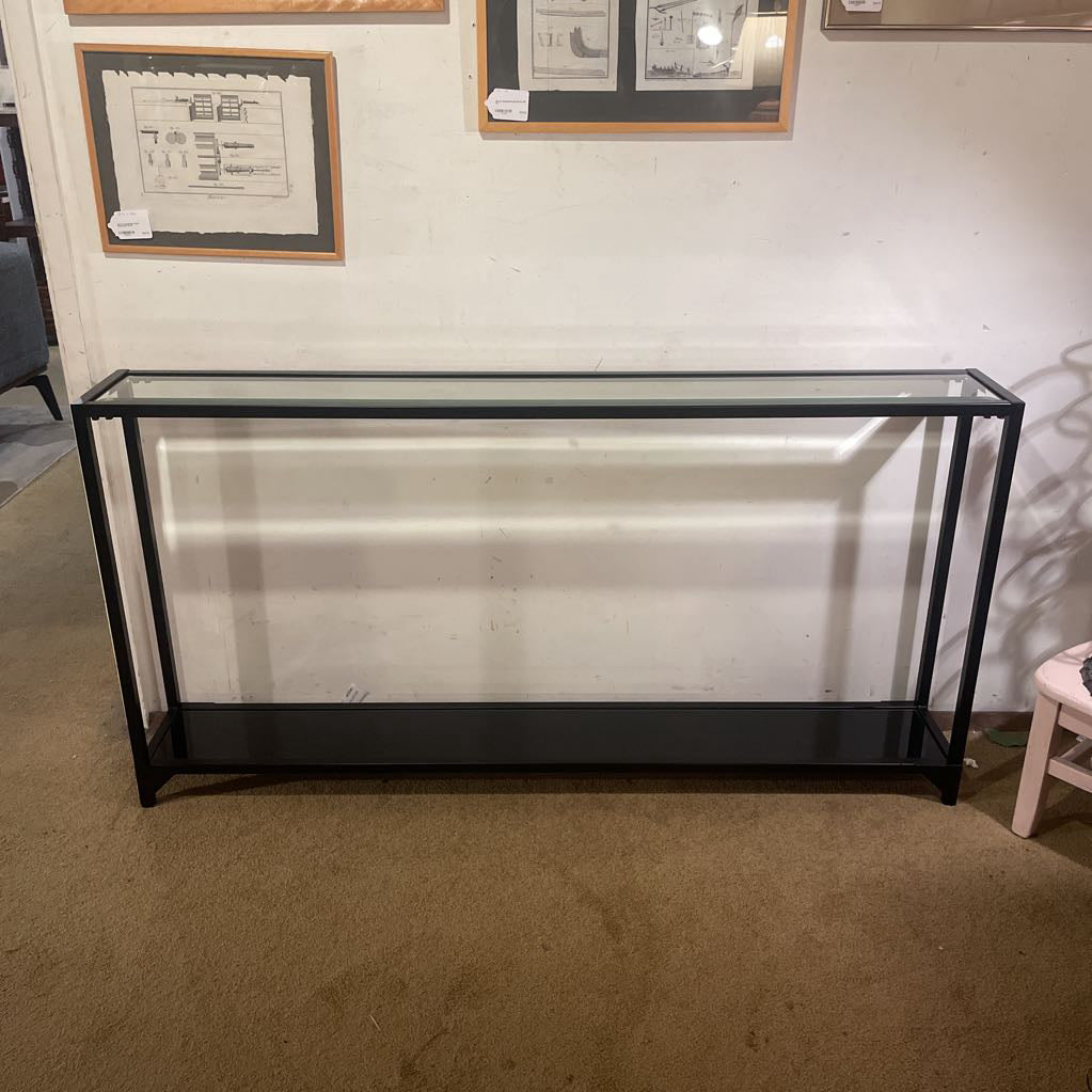 Contemporary Shallow Black Frame 2 Tier Glass Console Table