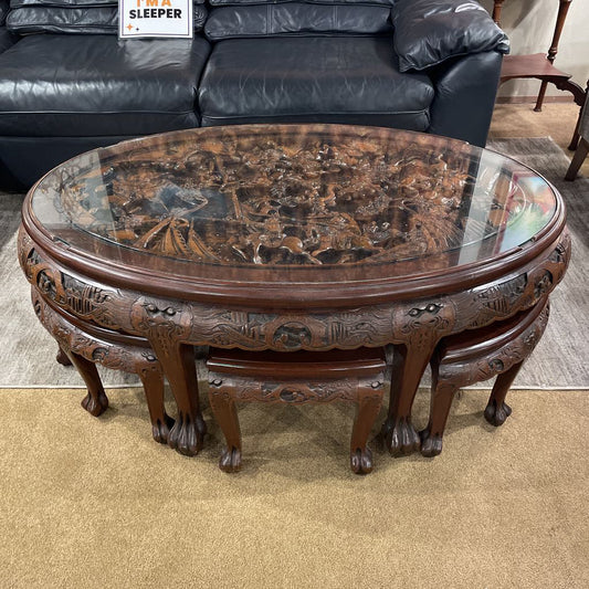 Carved Asian Table w/ Stools C COFFEE TABLES