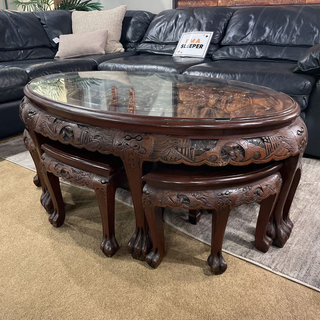 Carved Asian Table w/ Stools