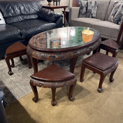 Carved Asian Table w/ Stools