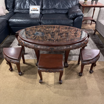 Carved Asian Table w/ Stools