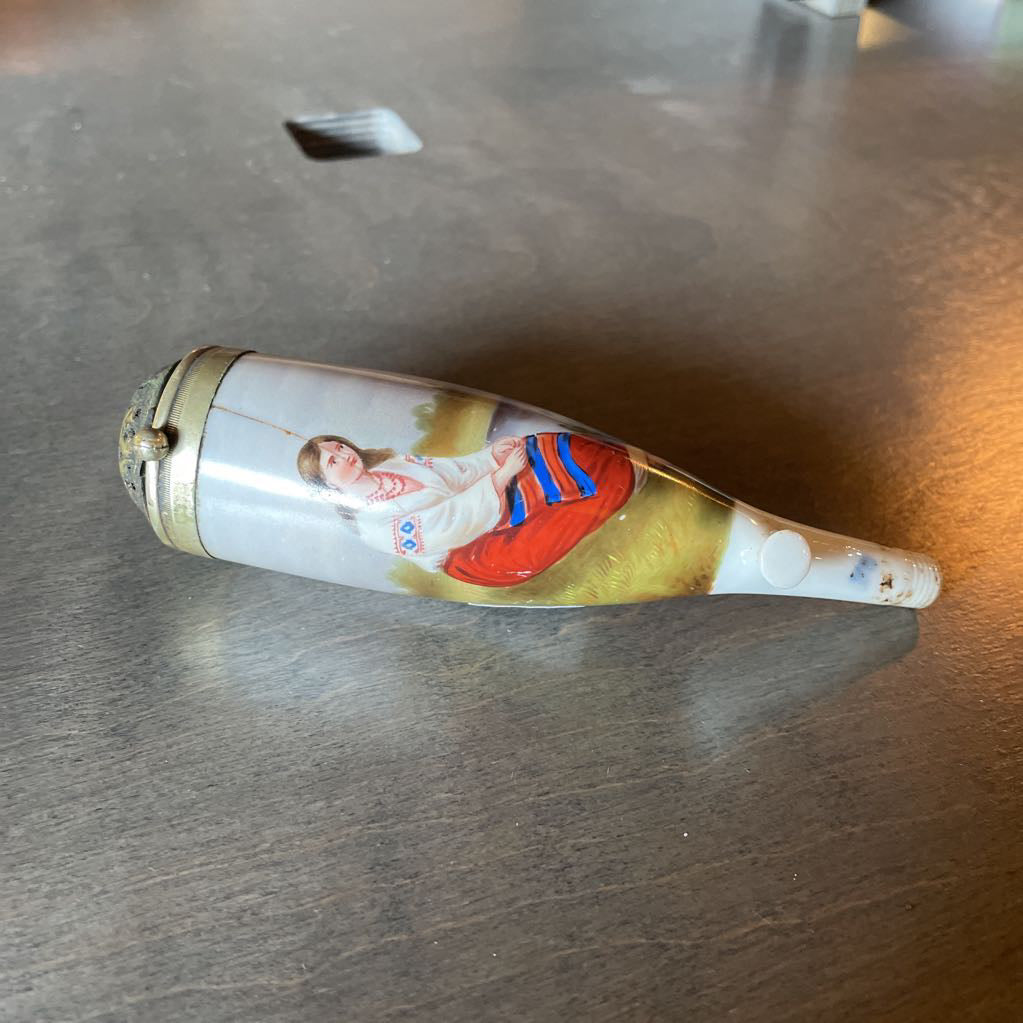 Porcelain Smoking Pipe with Girl in Folk Costume(Poland?)AS IS--has a crack on side