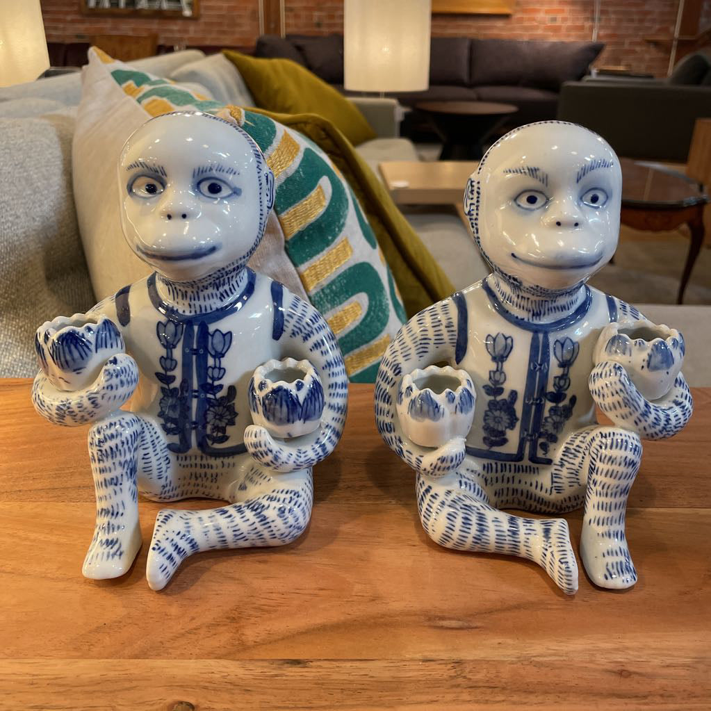 Asian Blue & White Monkeys with Candleholders Figure SET OF 2