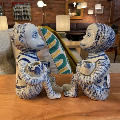 Asian Blue & White Monkeys with Candleholders Figure SET OF 2