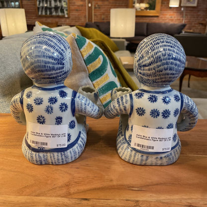 Asian Blue & White Monkeys with Candleholders Figure SET OF 2