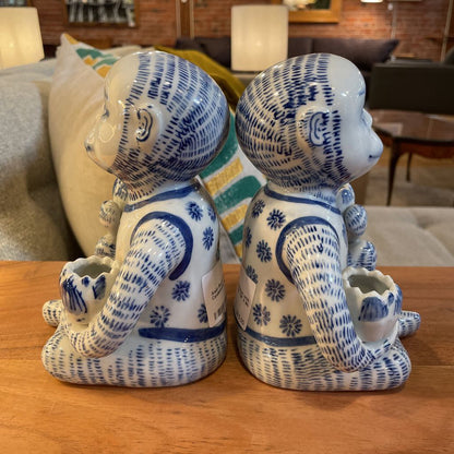 Asian Blue & White Monkeys with Candleholders Figure SET OF 2