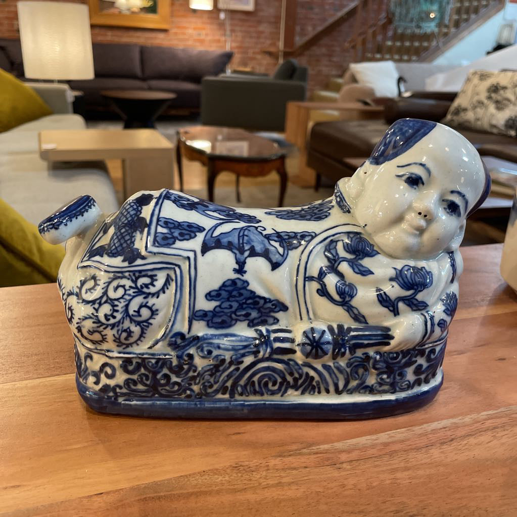 Asian Blue & White Reclining Figure Headrest