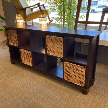Dark Wood Ten Cube Storage Organizer w/ Four Handled Woven Wicker Rattan Baskets