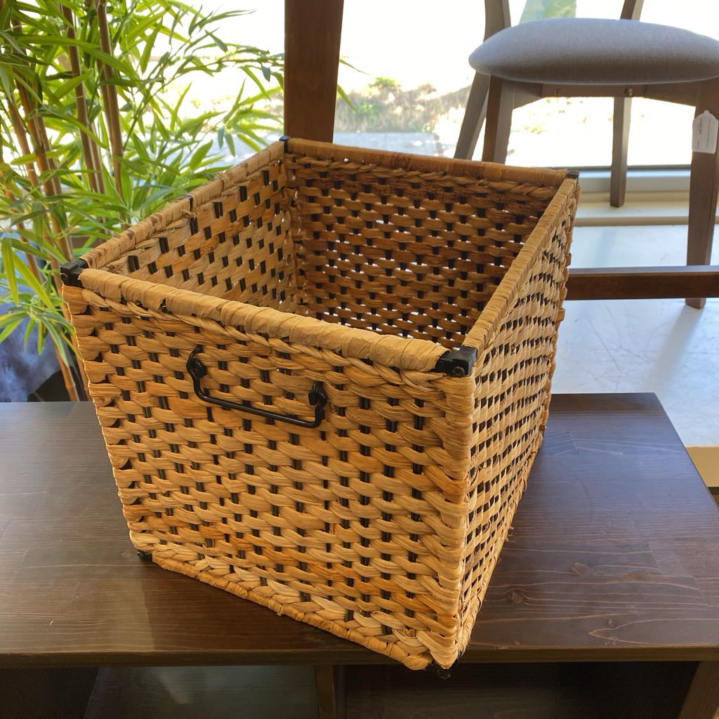 Dark Wood Ten Cube Storage Organizer w/ Four Handled Woven Wicker Rattan Baskets