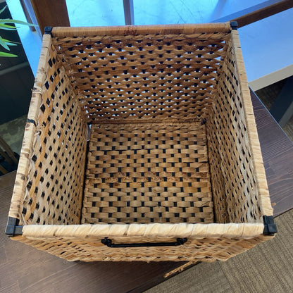 Dark Wood Ten Cube Storage Organizer w/ Four Handled Woven Wicker Rattan Baskets