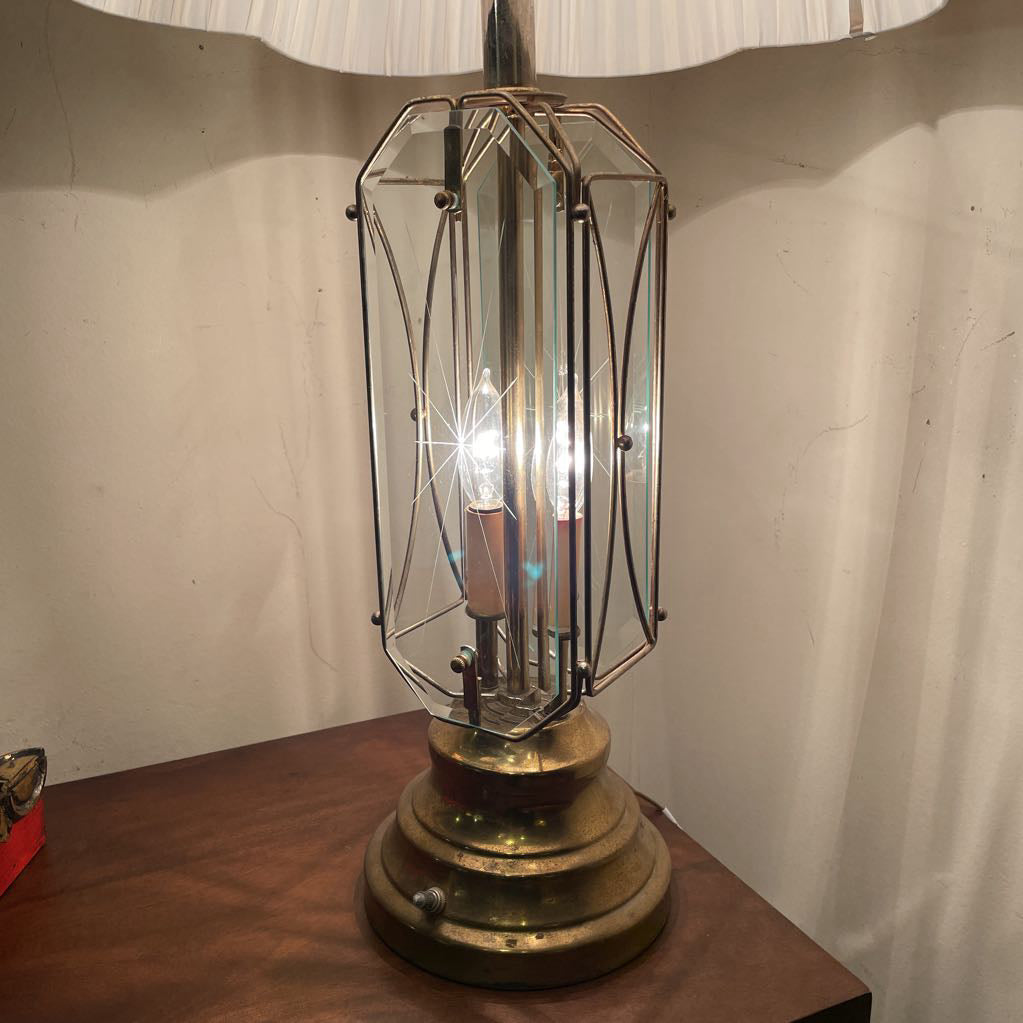 Brass Table Lamp with Etched Glass Panels