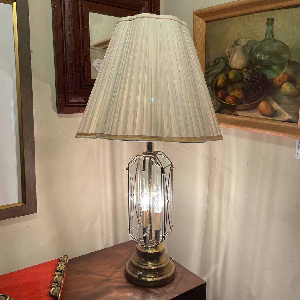 Brass Table Lamp with Etched Glass Panels