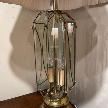 Brass Table Lamp with Etched Glass Panels