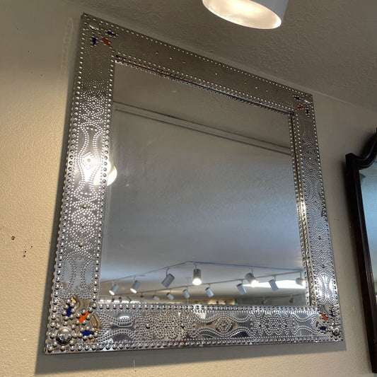 Square Mirror with Shiny Dotted Metal Design with Colorful Corners C MIRRORS