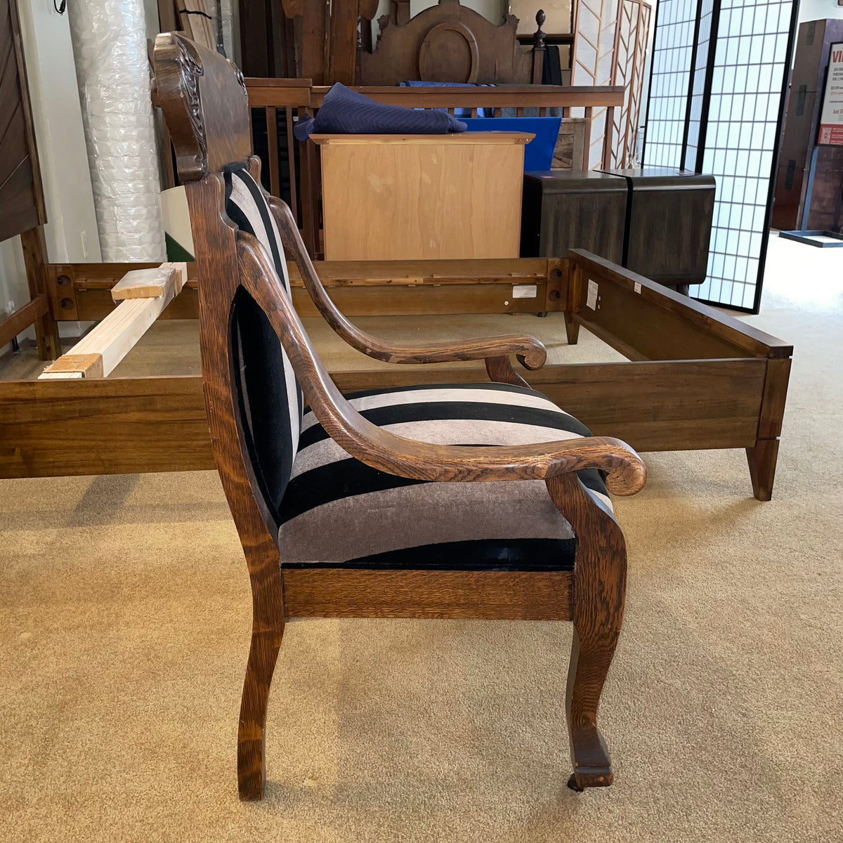 Quartersawn Oak Frame Black Striped Accent Chair
