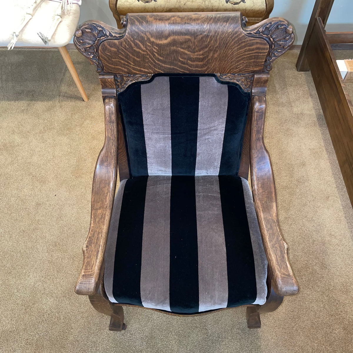 Quartersawn Oak Frame Black Striped Accent Chair