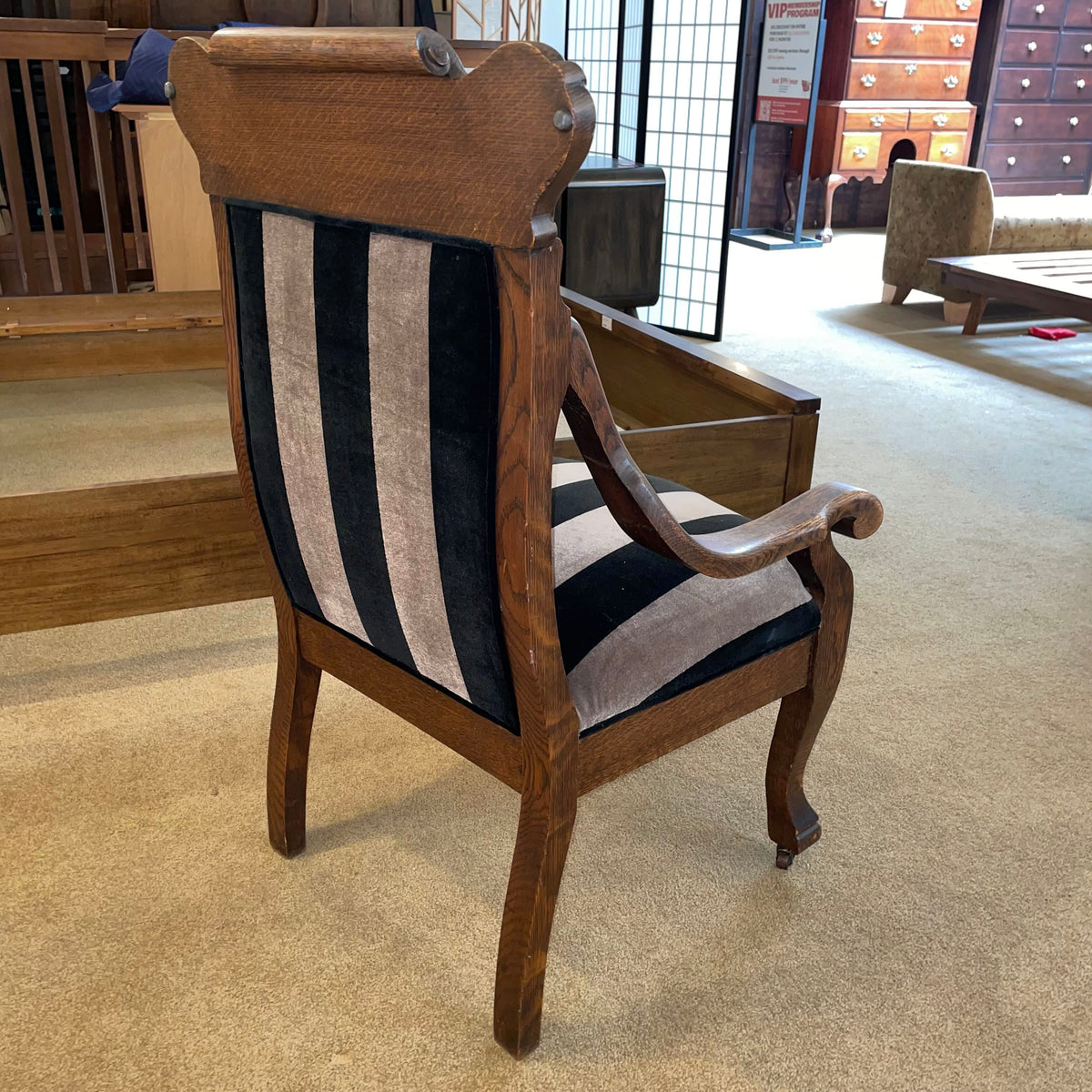 Quartersawn Oak Frame Black Striped Accent Chair