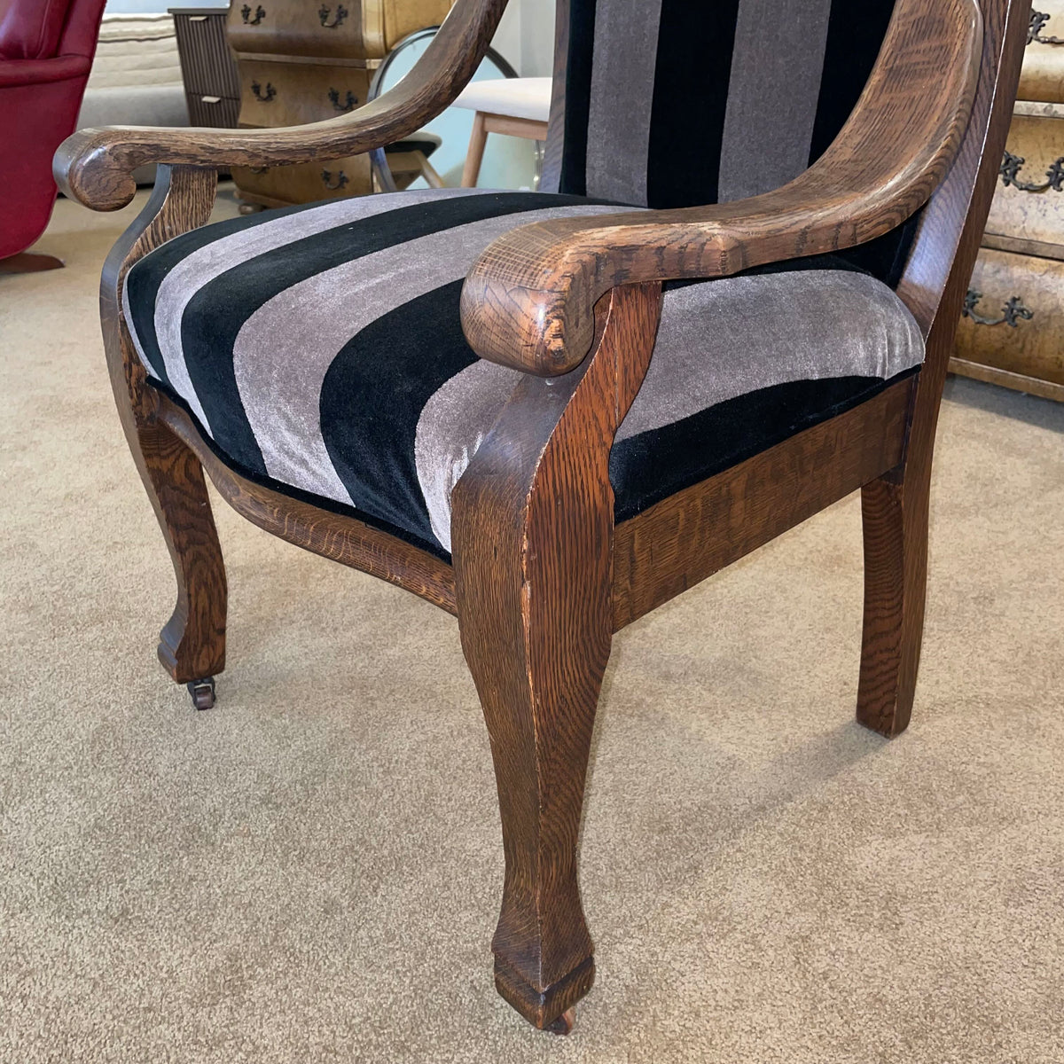 Quartersawn Oak Frame Black Striped Accent Chair