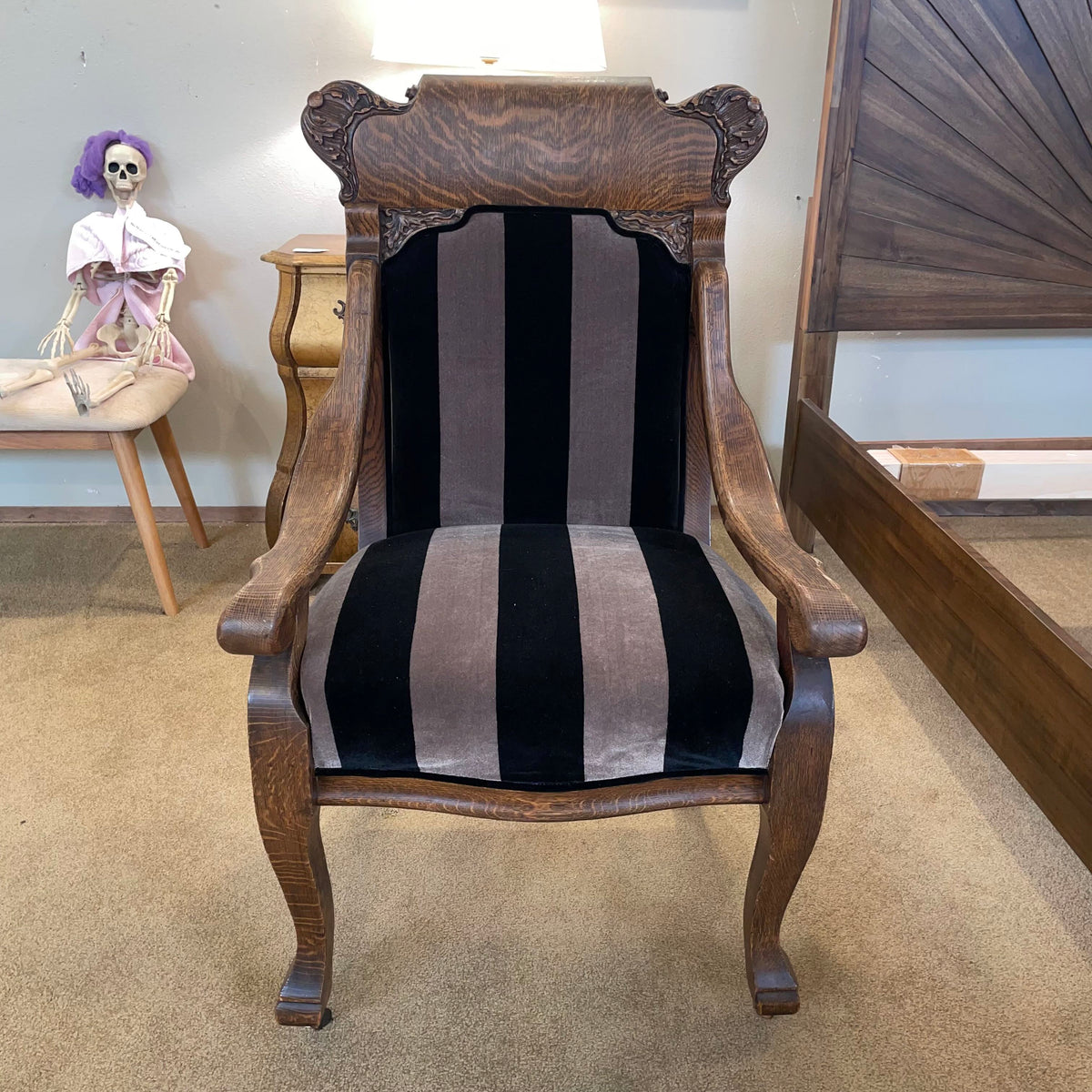 Quartersawn Oak Frame Black Striped Accent Chair