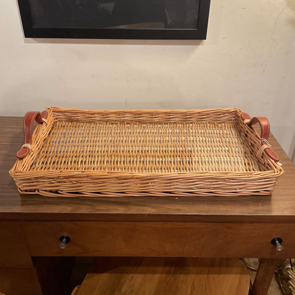 Woven Wicker Tray w/ Leather Handles and Glass Bottom SMALLS