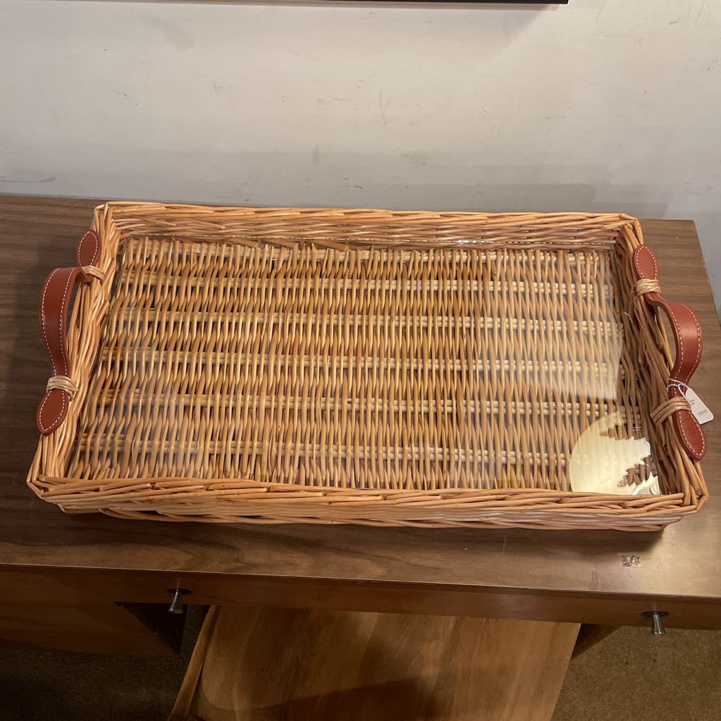 Woven Wicker Tray w/ Leather Handles and Glass Bottom SMALLS